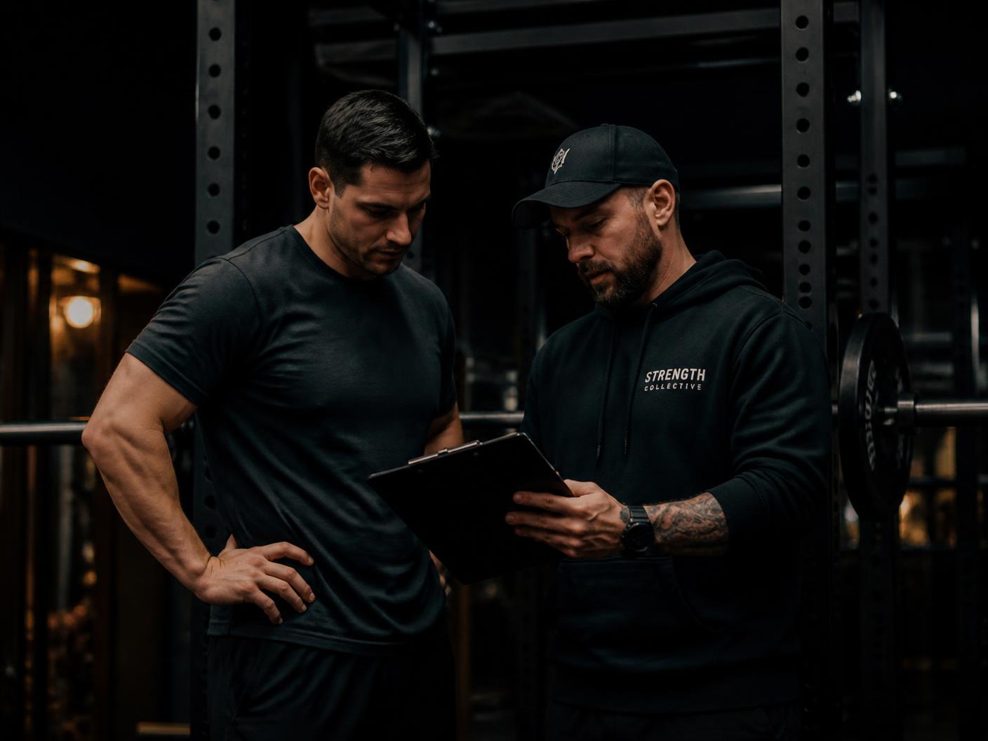 A coach and client reviewing a personal training program beside the rack