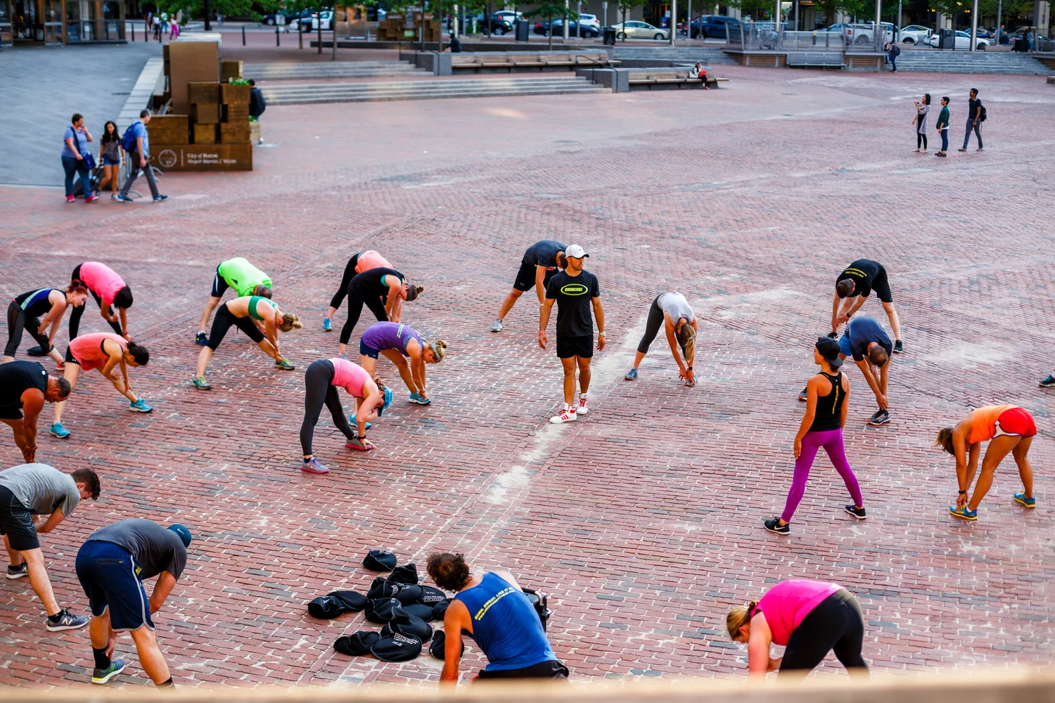 BronCore Fitness members lined up for an outdoor bootcamp near One Center Plaza in Boston